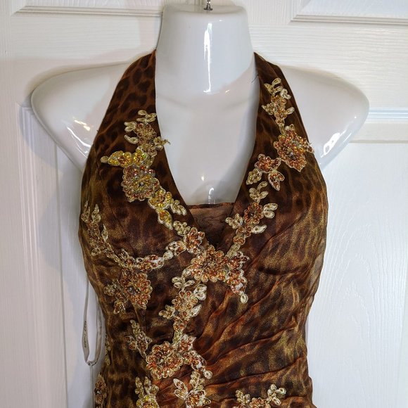 Jasz Couture Leopard Beaded Ruffled Tiers Halter Maxi Dress - size 2 NWT - Picture 4 of 16